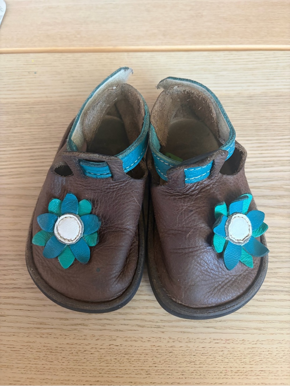 Softstar Kids Brown Leather Shoes with Teal Flower Accent